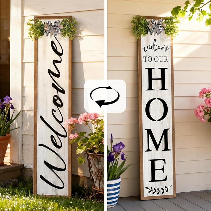 Double-sided Welcome to Our Home Wooden Sign Stand with Magnetic-adhesive Wreath for Front Door, 47" Vertical Farmhouse Welcome Porch Sign for Outdoor Patio Garden, 2in1 Large Tall Porch Leaner Decor