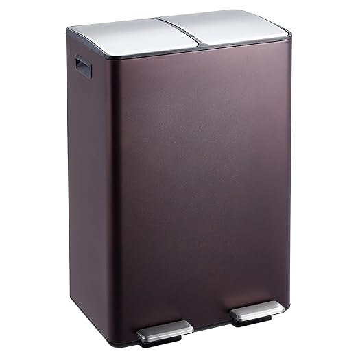 Garvee Dual Trash Can, 16 Gal (2 x 30 l) Stainless Steel Kitchen Garbage Can with Lid and Inner Bucket, Double Compartment Trash and Recycle Bin Combo with Step Pedal for Home Office, Brown