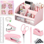 COMFYROOM Pink Desk Accessories with Pen Holder, Pink Office Supplies Desk Organizers and Accessories for women, Tape Dispenser, Stapler, Staple Remover, Staples, Clips Set, Ruler, Scissor, Pen, Tape