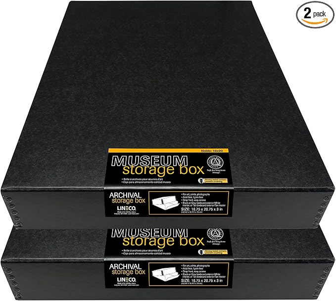 Lineco Museum Archival Storage Box, 16.75x20.75x3 in. Drop Front Design. Acid-Free with Metal Edge. Organize Photos, Pictures, Prints, Documents, Crafts, DIY. Black, 2 Pack