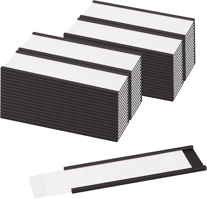 LLPT Magnetic Label Holder 4" x 1.2" 50 Packs C Channel 300g White Paper Cards Protective Film Strong Removable for Shelf White Board Toolbox Metal Wall Cabinet Drawer(MH3150)
