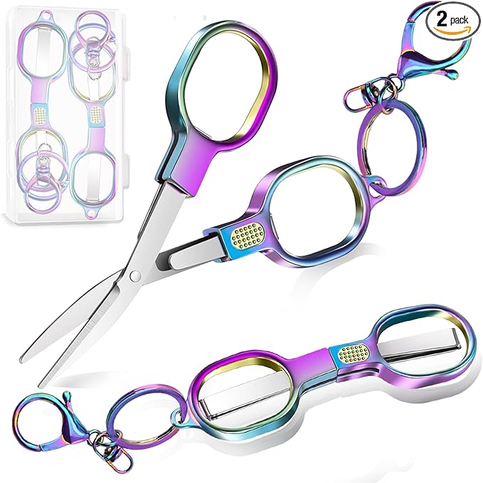 2 PCS Stainless Steel Mini Folding Scissors, Safety Pocket-Sized Multipurpose Scissors with Keychains for Travel, Home, Office, Crafts, Sewing & Nurse Accessories (Colored)