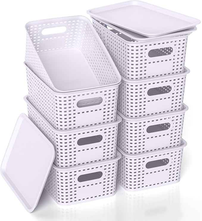 ZFTMRR Plastic Storage Basket with Lid, Stackable Small Box Bins for Organizing and Containers for Shelves Drawers Desktop Closet Playroom Pantry Classroom Office Home, 8 Pack 10.2"x7.2"x4.1" Lavender