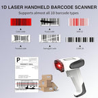 Laser Wireless Handheld Barcode Reader with Stand Bluetooth & 2.4Ghz and USB Wired 3 in 1 Working 1800mAh for Computer POS, Handheld 1D Bar Code Reader for Warehouse Library Supermarket