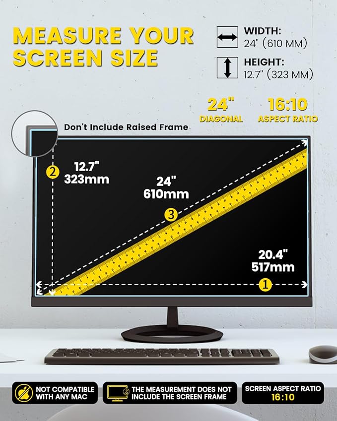 F FORITO 24 Inch 16:10 360°Privacy Screen Protector for Computer Monitor, Removable Eye Protection Anti Blue Light Anti Glare Computer Screen Privacy Shield for 24" Widescreen Monitors