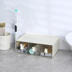 OSteed Desktop Drawers, Desk Organizer with 3 Drawers & Bunny Handles, Stackable Plastic Storage Box for Home Collection, Cosmetics, Office Supplies (1 Tall Layer, Cream & Clear)