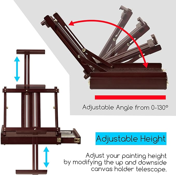 MEEDEN Studio Sketchbox Table Easel with Metal Lined Drawer - Adjustable Solid Beech Wood Tabletop Easel & Sketchbox Artist Easel with Storage, for Studio or Plein Air - Holds Max 34", Walnut