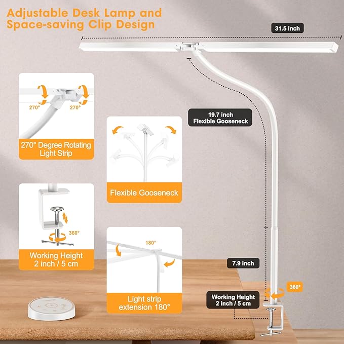Pzloz Led Desk Lamp for Office Home - Eye Caring Architect lamp with Clamp,Dual Screen Computer Monitor Work Smart Light: 24W 5 Color Flexible Adjustable Lighting Table Lamp for Study White