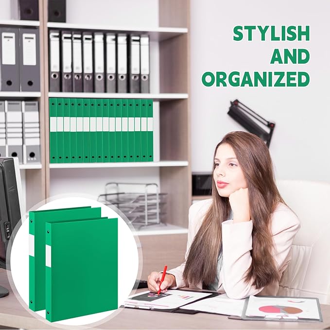 Henoyso 16 Pcs 3 Ring Binder 0.5 Inch Round Fits Letter Size 8.5'' x 11'' Paper Plastic Flexible Binder Bulk Holds 140 Sheets with 1 Pockets Versatile Organizer for Home Office School (Green)