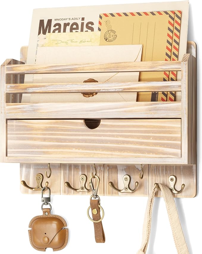 Rebee Vision Farmhouse Mail Organizer Wall Mount – Decorative Key and Mail Holder for Wall with Drawer Organizer and 7 Key Hooks – Apartment Essentials for Home Decor (Natural Wood)