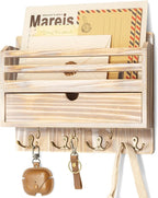 Rebee Vision Farmhouse Mail Organizer Wall Mount – Decorative Key and Mail Holder for Wall with Drawer Organizer and 7 Key Hooks – Apartment Essentials for Home Decor (Natural Wood)