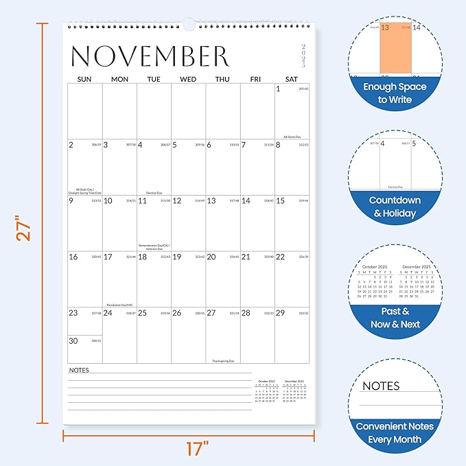 SUNEE Wall Calendar 2026 Extra Large 17"x27", 21 Month from October 2025 to June 2027, Vertical Large Monthly Calendar 2026-2027 for Wall, White