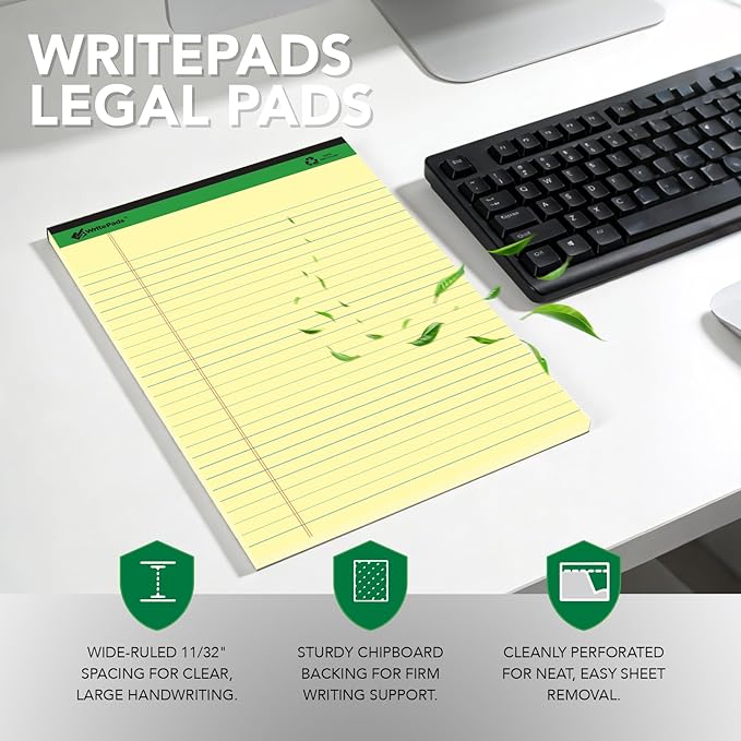 KAISA Legal Notepads 8.5"x11.75"，12pads note pads office supplies Recycled Paper 8.5"x11.75" Wide Ruled 50 sheets Hard Back Notepads 8-1/2"x 11-3/4" Writing Tablet Canary For Office Supplies (Pack of 12) KSU-5668