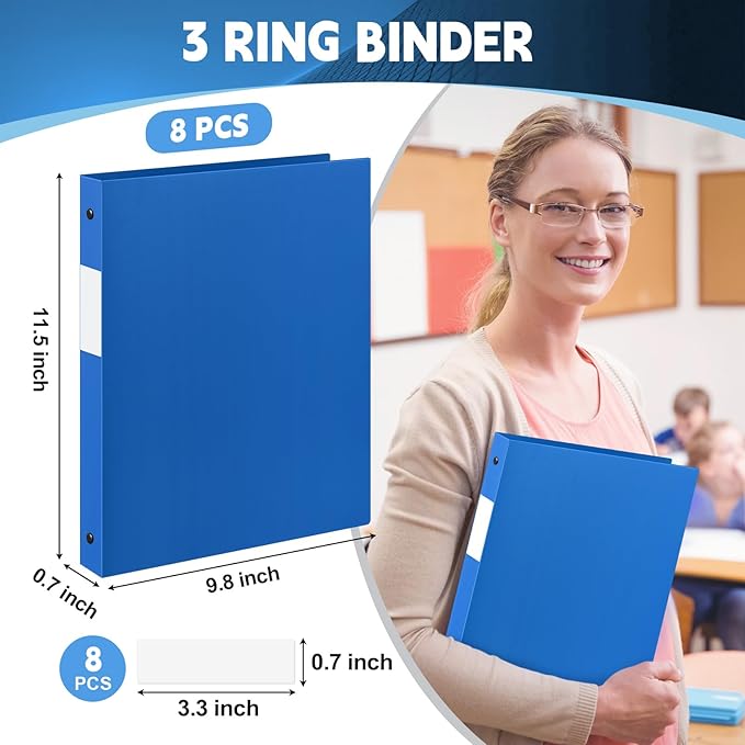 Henoyso 8 Pcs 3 Ring Binder 0.5 Inch Round Fits Letter Size 8.5'' x 11'' Paper Plastic Flexible Binder Bulk Holds 140 Sheets with 1 Pockets Versatile Organizer for Home Office School (Blue)