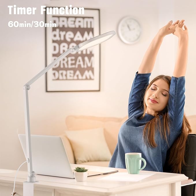 LitONES LED Desk Lamp for Home Office, 15W Desk Light with C- Clamp, Swing Arm, Memory & Timer Function, 1200LM Dimmable Computer Light for Video Calls, Conference, Study (White-Clamp)