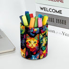 Leather Pen Holder for Desk, Colorful Cat Pattern Pencil Cup Desktop Organizer Makeup Brush Holders Office Supplies for Home, Kids & School