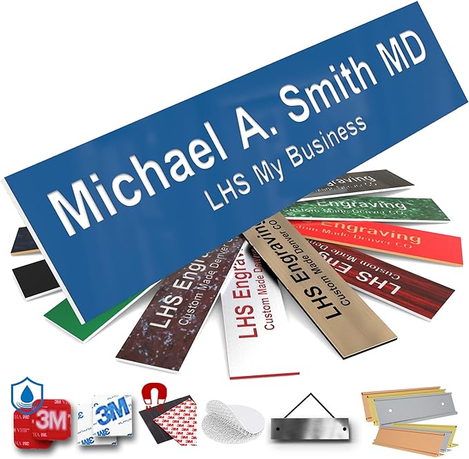 Engraved Name Plates for Door Sign Personalized Blue Plastic Plaque with White Letters - Made in USA 2x10 B9