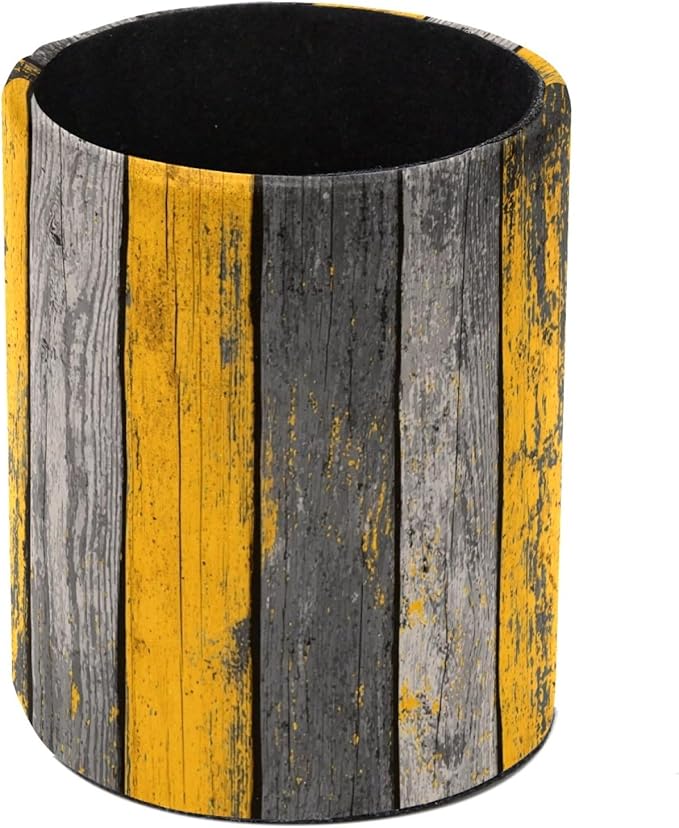 Leather Pen Holder for Desk Yellow Grey Gradient Wood Planks Pattern Pencil Cup Desktop Organizer Makeup Brush Holders Office Supplies for Home, Kids & School
