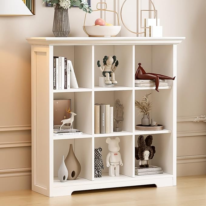 OSCHF Wooden Cube Shelf Bookcase - Modern 3 Tiers Floorstanding Open Bookshelf with Base for Home and Office, 9 Cubes Storage Cabinet, Warm White