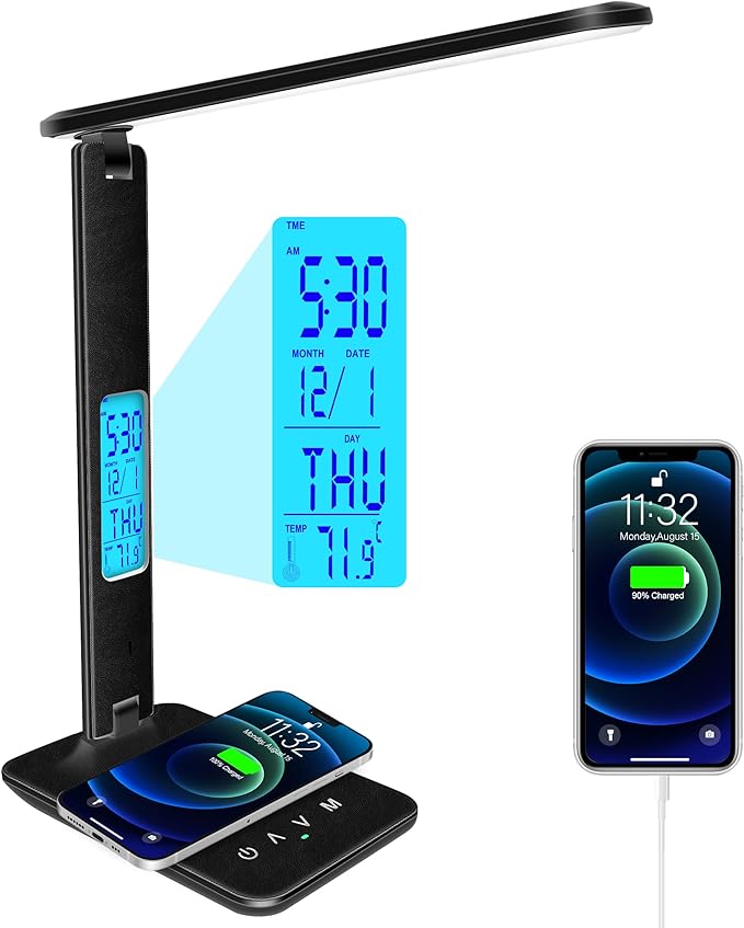 snsok Desk Light with Wireless Charger, USB Charging Port, Dimmable Office Desk Lamp with Clock, Alarm, Date, Temperature, Foldable Lamp for Table Bedroom Bedside Office