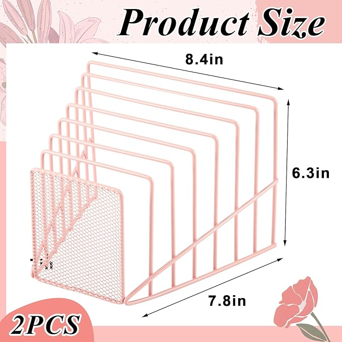 2 Pcs 7 Section Incline File Sorter Metal Wire Mesh File Rack for Desktop Letter Sorter for Magazine Folder Book Organizer Home Office School Paper Mail Desk Storage Holder (Pink)