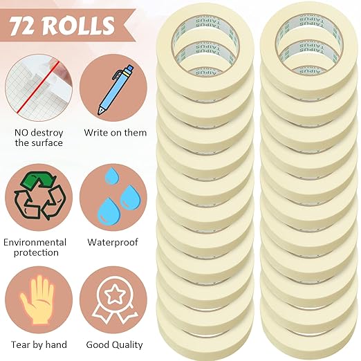 Fainne Masking Tape Bulk General Purpose Masking Painting Tape 55 Yards for Painting Home Office School Stationery Arts Crafts Basic Use, Easy Removal(72 Rolls,0.8 Inch)