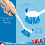 Dish Brush Kitchen Scrubber, 6 Pack, by LOLA, Has Stiff Bristles & Food Scraper, Comfort No-Slip Grip Handle, Safe for Non-Stick & Coated Cookware
