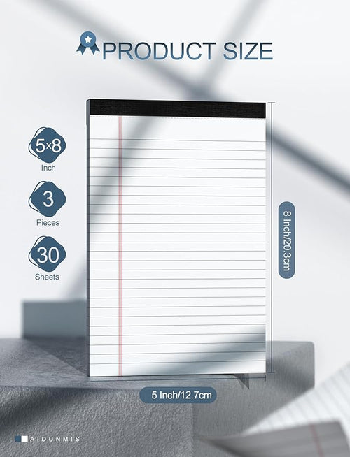 Aidunmis 3 Pack Small Legal Pads 5x8 White Notepads Paper Tablets 5x8 Legal Pad 80 GSM Lined Note Pads of Paper 5x8 College Ruled Writing Pads 30 Sheets/Pad, 25 Lines Note Pads for School, Office