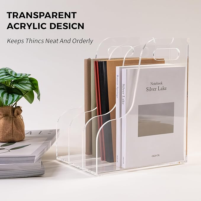 AIMOLLY 3 Vertical Compartments File Holder, Clear Acrylic Desk Organizer and Storage Bins Holding for Magazines, Binders, Notebooks, Envelopes, Multi-purpose Document Organizer for Home Office
