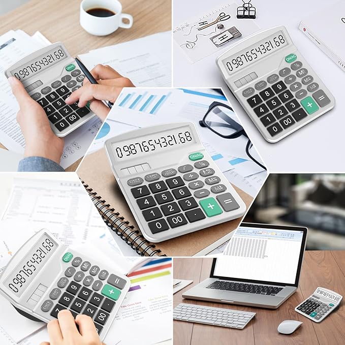 Splaks 4 Pack Standard Functional Desktop Calculator - Solar and AA Battery Dual Power Electronic Calculator with 12-Digit Large Display (2 Basic Black & 2 Updated Silver)