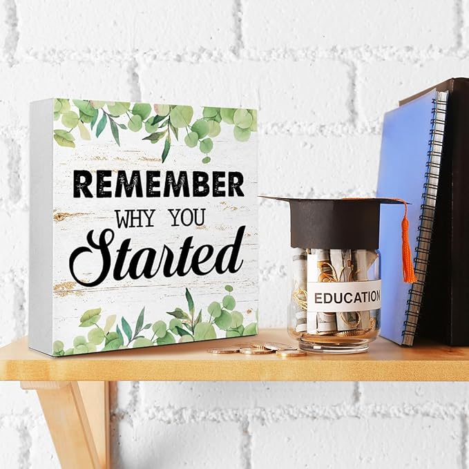 Entrepreneur Wooden Block Sign Remember Why Quote 5x5x1 INCH Sign, Office Motivation Decor, Business Desk Tabletop Shelf Decor