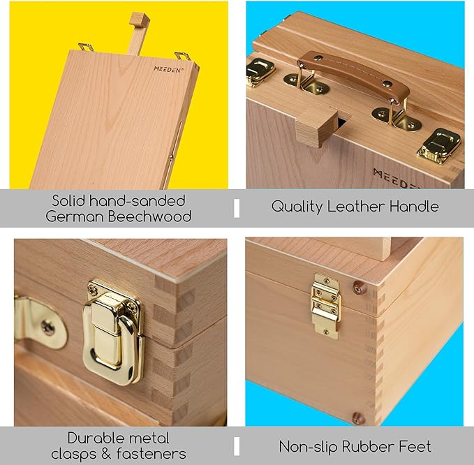 MEEDEN Large Tabletop Easel Sketchbox, Adjustable Solid Beech Wood Desktop Easel Box, Travel Easel for Artists, Table Top easels for Painting, Wooden Art Storage Box for Artist, Adults & Beginners
