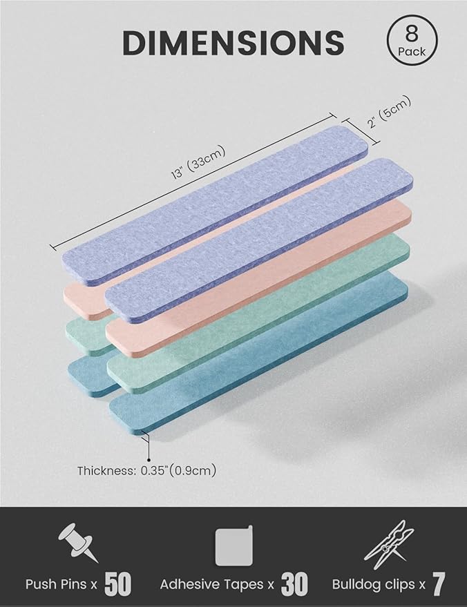 Cork Board Alternative Felt Strip Board 8-Pack 13"x2", Office Pin Board with 50 Push Pins, Adhesive Install for Bedroom Door & Home Office(Coastal Haze)