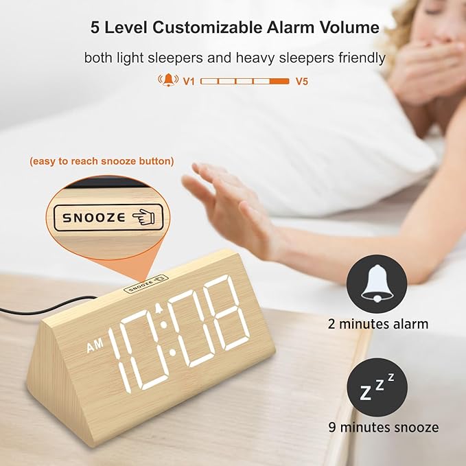 DreamSky Wooden Digital Alarm Clocks for Bedrooms - Electric Desk Clock with Large Numbers, USB Port, Loud Alarm for Heavy Sleepers, Adjustable Volume, Dimmer, Snooze, DST, Wood Décor, Adapter Powered