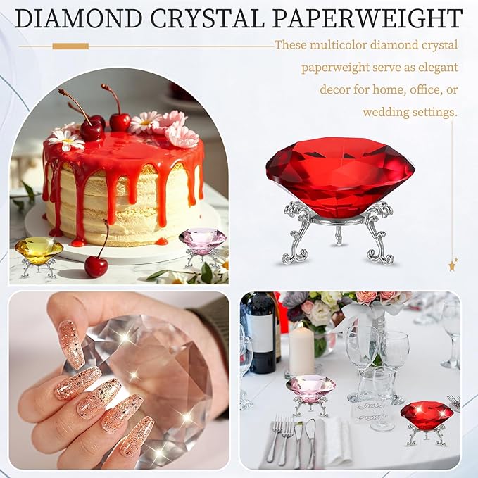 PATIKIL Diamond Crystal Paperweight, 80mm / 3.15" Crystal Paperweight Paper Weight with Silver 19 Metal Base for Home Office Desktop Table Decor Wedding Party Ornaments, Red