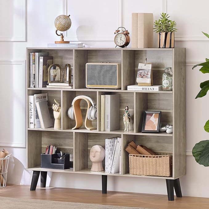 LEYAOYAO 10 Cube Bookshelf,3 Tier Modern Wide Bookcase with Legs,Mid-Century Wood Bookshelves Storage，Retro Grey Large Book Case,Freestanding Organizer Display Shelf for Bedroom,Living Room,Office
