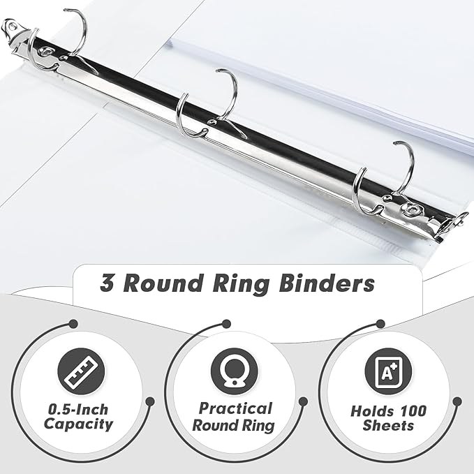 3 Ring Binder 0.5 Inch, PANDRI 6 Pack Binder Fits Letter Size 8.5'' x 11'' Paper, Versatile Binders for Office Home School, 2 Pockets, White