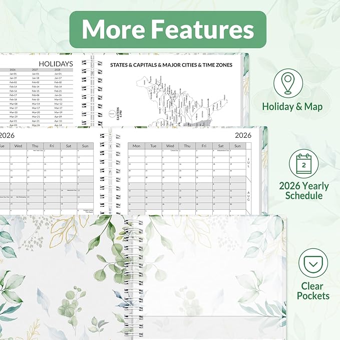 SUNEE 2026 Appointment Book, 2026 Hourly Planner 6.4"x8.3", Hourly, Weekly & Monthly Planner - from January 2026 - December 2026, Flexible Cover, Note Page, Pocket, Bookmark, Leaves