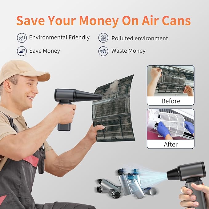 SYNRIC Compressed Air Duster, Stepless Speed Electric Air Duster, Metal Shell Air Blower with Brushless Motor, 120000 RPM Keyboard Cleaner Replaces Canned Air for Outdoors, Car, Home Cleaning