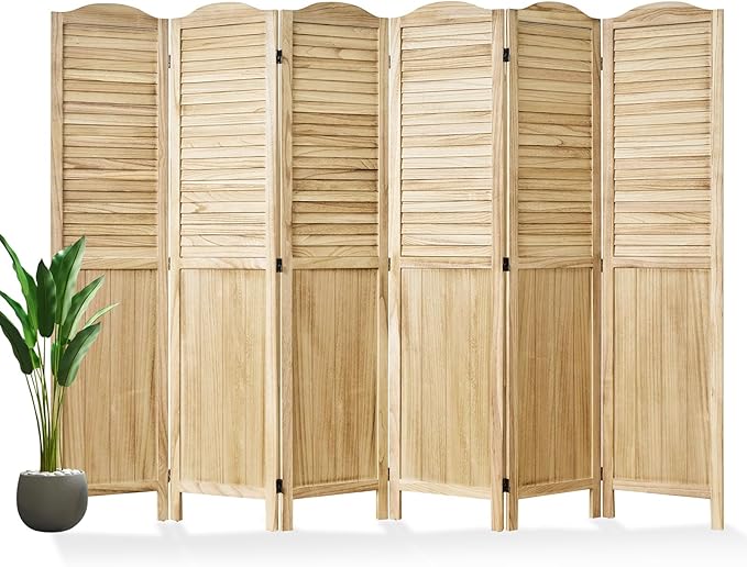 Room Partitions and Dividers, 68.9 Inch Temporary Wall with Double Hinges, Wooden Louver & MDF Stable Screens for Home Office Bedroom Coffeehouse Decoration (6 Panels, Wood Color)
