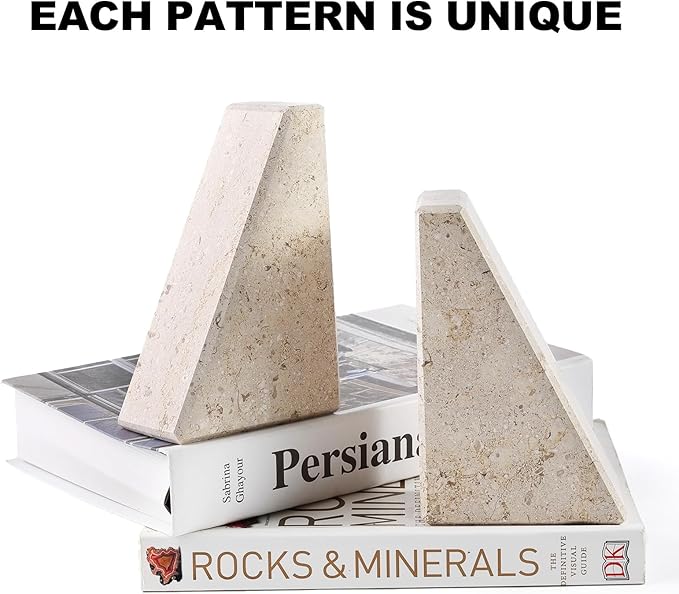 Karibiber Marble Bookends for Heavy Books, Decorative Book Ends for Shelves, Beige Stone Durable and Heavy-Duty Book Ends for Hardback Books & CDS, Unique Book Stopper & Holder, Set of 2