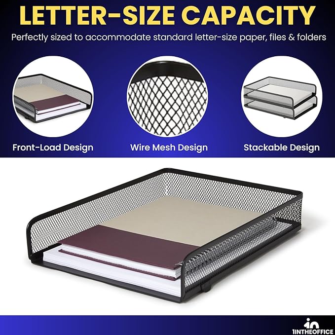 1InTheOffice Letter Trays for Desk Stackable, Front-Load Mesh Desk Tray Organizer, Black, 2 Pack