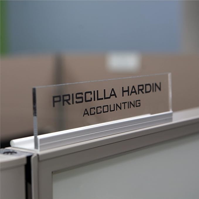 Printex Design - Personalized Office CUBICLE Name Plate & Sign. Modern Aluminum Holder - 4 Plate Colors (Clear See Through)