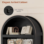 81" Tall Arched Cabinets,Bookcase with Drawer storage,Mid-Century Modern 5-Tier Bookshelf,2 Book Risers and Adjustable Shelves offering more storage space for Living Room,Kitchen,Home Office,Black