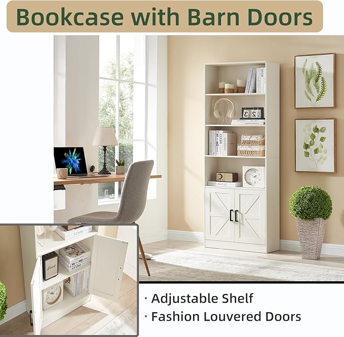 RWYHG 70in Tall Bookshelf 6 Tier Bookcase with Barn Doors and Adjustable Shelf, White Farmhouse Book Shelves with Storage Cabinet
