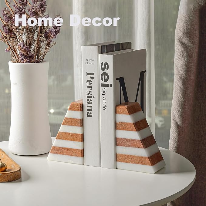 Karibiber Marble Book Ends, Non-Skid Bookends for Shelves, Composite Bookend with Natural Stone, Heavy Duty Book Stopper, Collected CDs and Oversized Books Organizer, White & Red Decorative Bookends