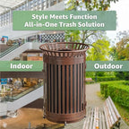 Zedfire 45 Gallon Brown Waste Bin with Flat Lid & Door, Outdoor Heavy-Duty Commercial Trash Can Steel Slatted, Round Recycle Container, Durable Garbage Can for Parks, Municipalities, Parking, Schools