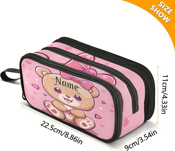 BOENLE Custom Cute Bear Pencil Case Box Boys Girls Personalized Name Large Pencil Pouch Stationery Pen Bag Organizer for Kids Adults School Office