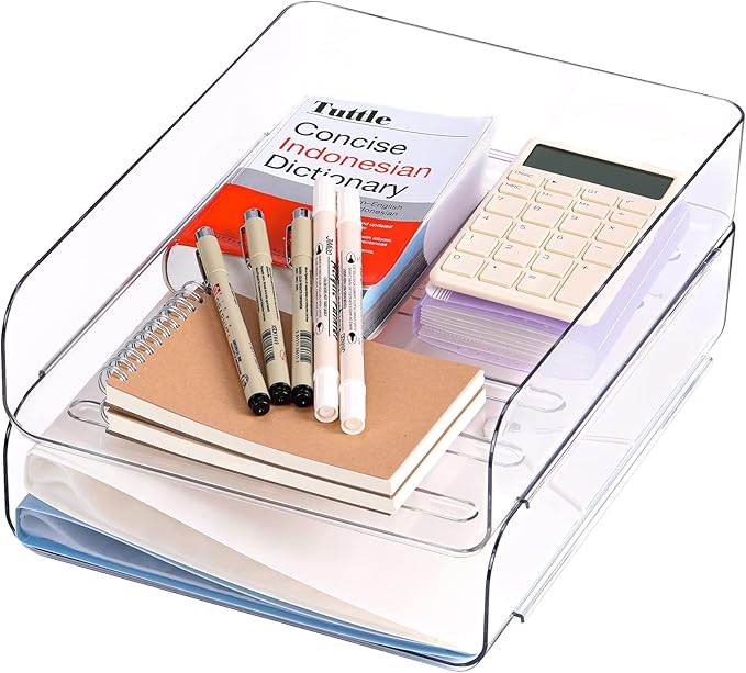 CiWiVOKi Set of 4 Office Organization and Storage, Clear PET Letter Tray Desk Organizer, Stackable Paper Tray Organizer for Desk Accessories, Notes, Pens, File Paper, Document