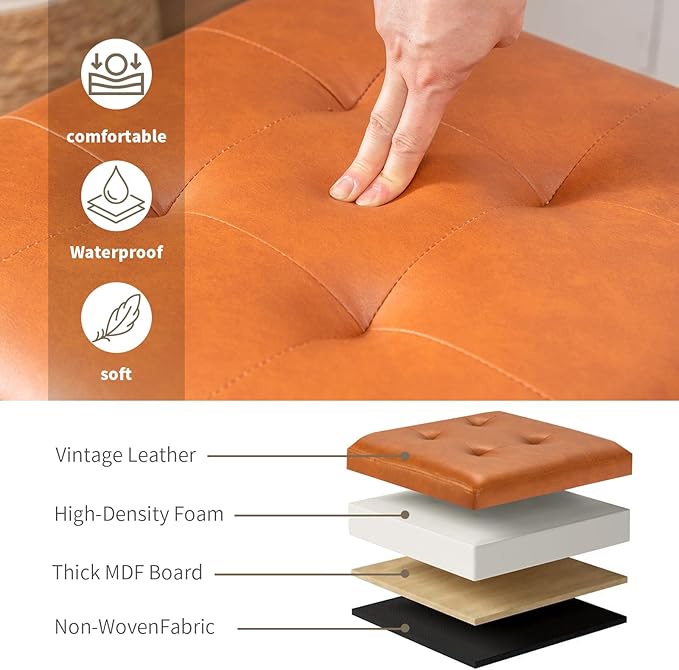 Adeco Small Faux Leather Storage Ottoman with Hinged Lid, 14 Inch High Square Cube Foot Stool with Storage, Upholstered Vanity Stool with Solid Wood Legs for Living Room, Bedroom, Dorm (Warm Orange)